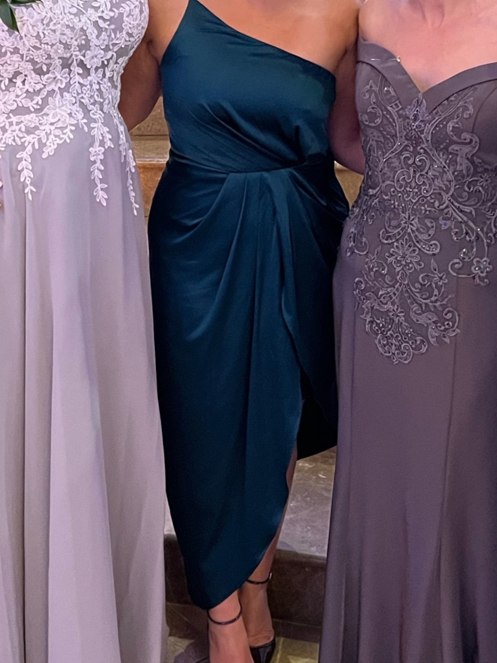Lulu's One-Shoulder Satin Midi Dress in Teal Green